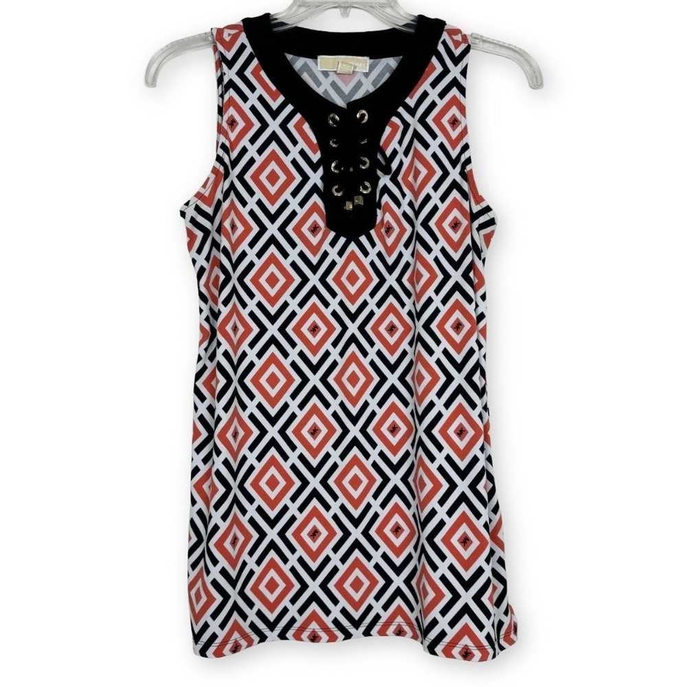 Michael Kors Women Red Black Geometric Diamond Lace Up Sleeveless Top Medium